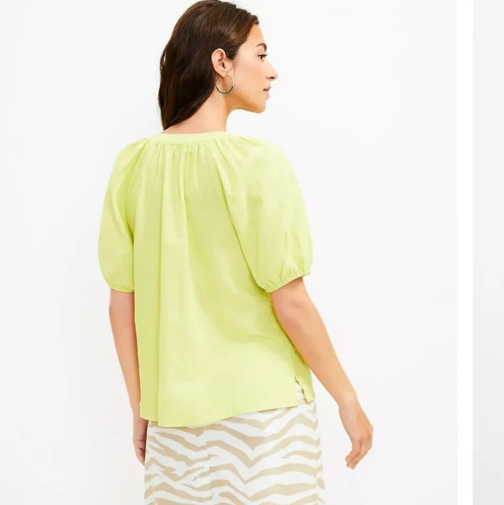 Loft Chartreuse Linen Blend Tie Neck Puff Short Sleeves Peasant Top Blouse‎ M